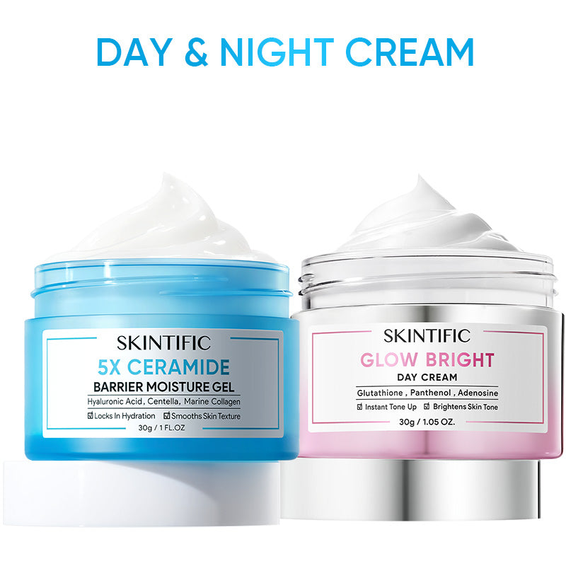 Dúo de Crema Día y Noche Glow Bright Day Cream y Gel Hidratante Reparador de Barrera con 5X Ceramidas