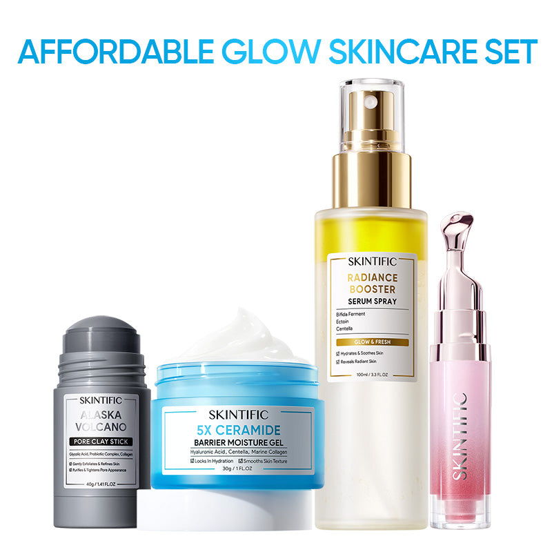 Set de Skincare Glow Asequible Gel de Ceramidas 5X Mascarilla en Barra de Arcilla Volcánica de Alaska Spray Potenciador de Luminosidad y Sérum Labial con Péptidos