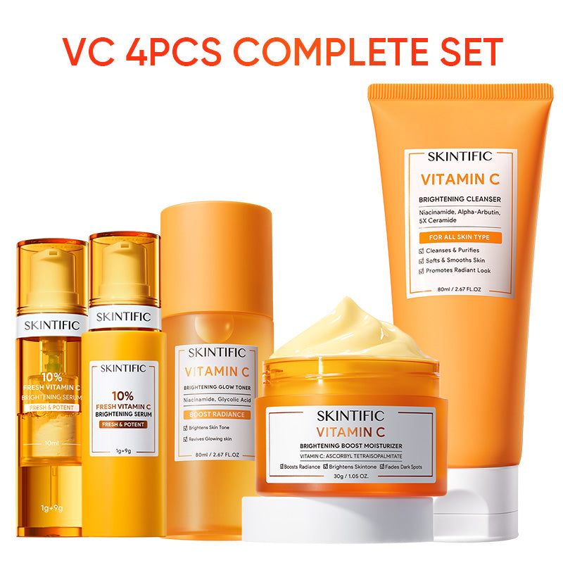 Set Iluminador con Vitamina C Kit 4 piezas Limpiador Tónico Sérum e Hidratante Solución para Manchas y Glow